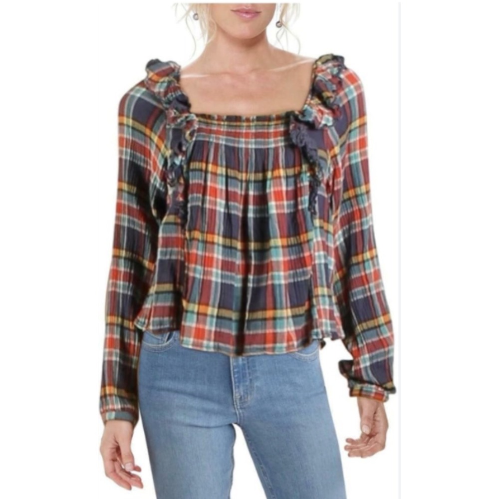 Free People Sienna Plaid Smocked Ruffle Top Womens Medium Blue Red 100% Cotton